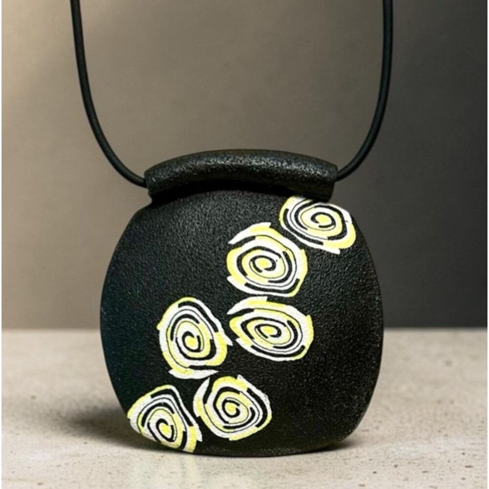 Yellow Black White Graphic Print Handmade Polymer Clay LG Pendant Necklace Cord